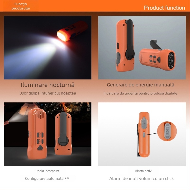 Lanternă LED de urgență cu manivelă, radio integrat, corp ABS, rotație de 360°, multifuncțional