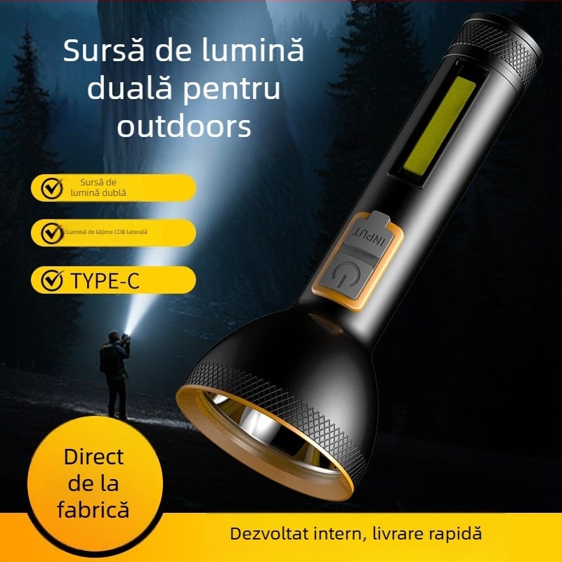 Lanternă de mână cu carcasă din aliaj de aluminiu, baterie încorporată reîncărcabilă, COB iluminare laterală 5W, 200 lm