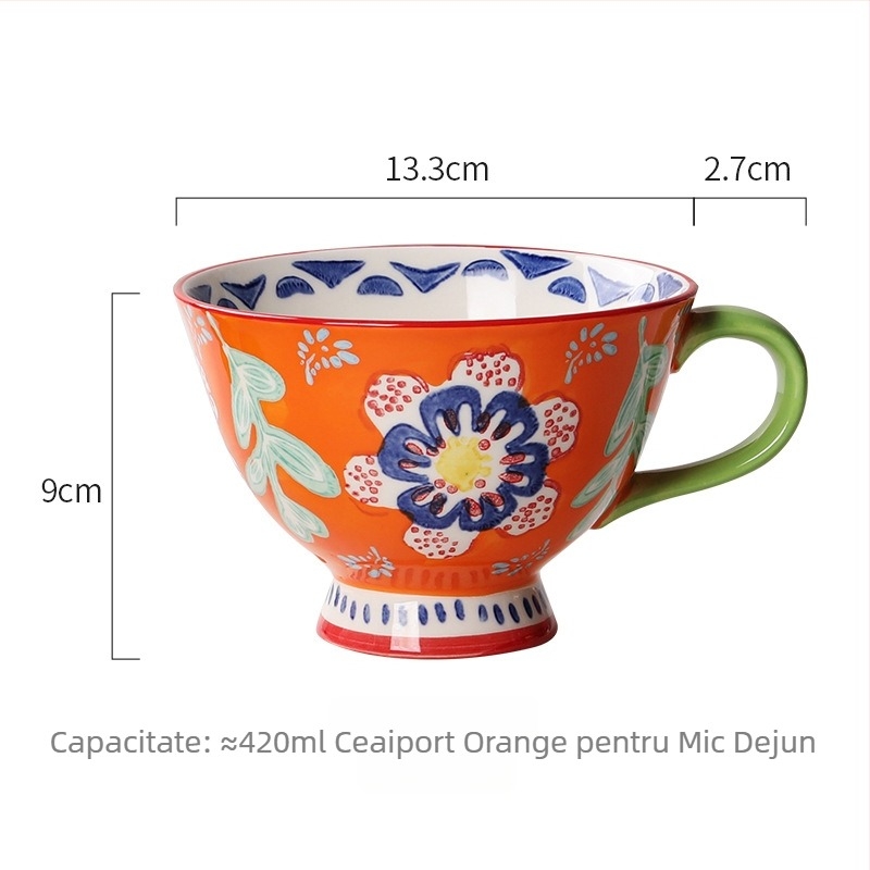 Cană ceramică, formă rotundă, stil ușor luxos, model cu flori, compatibil cu microunde