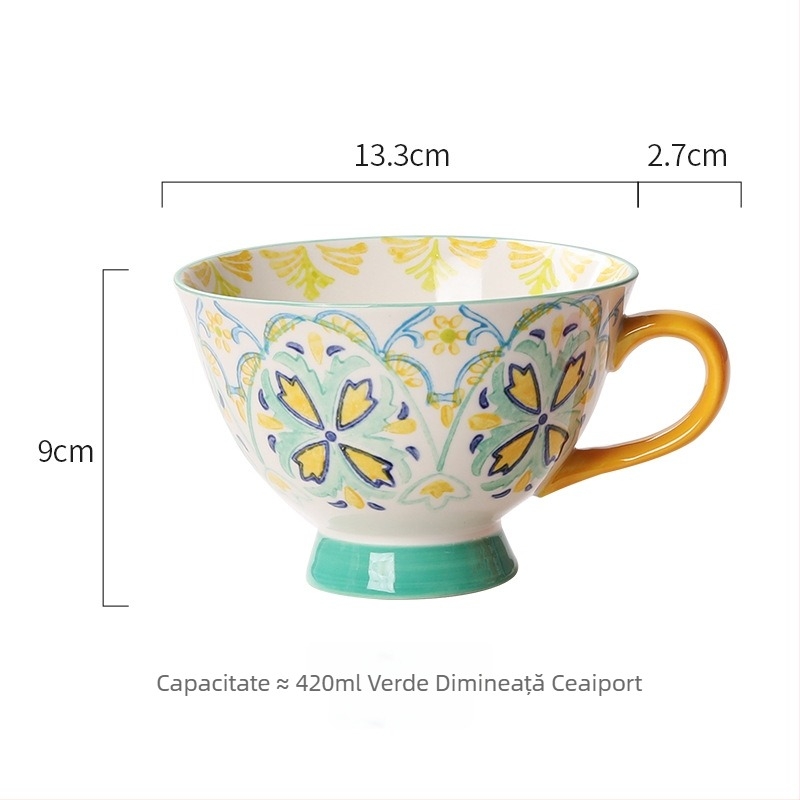 Cană ceramică, formă rotundă, stil ușor luxos, model cu flori, compatibil cu microunde