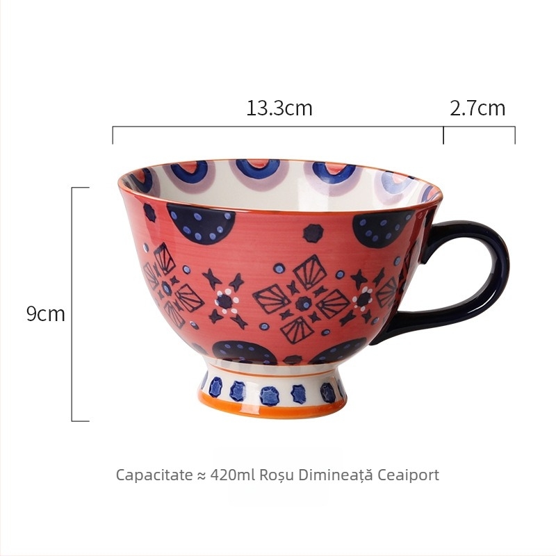 Cană ceramică, formă rotundă, stil ușor luxos, model cu flori, compatibil cu microunde