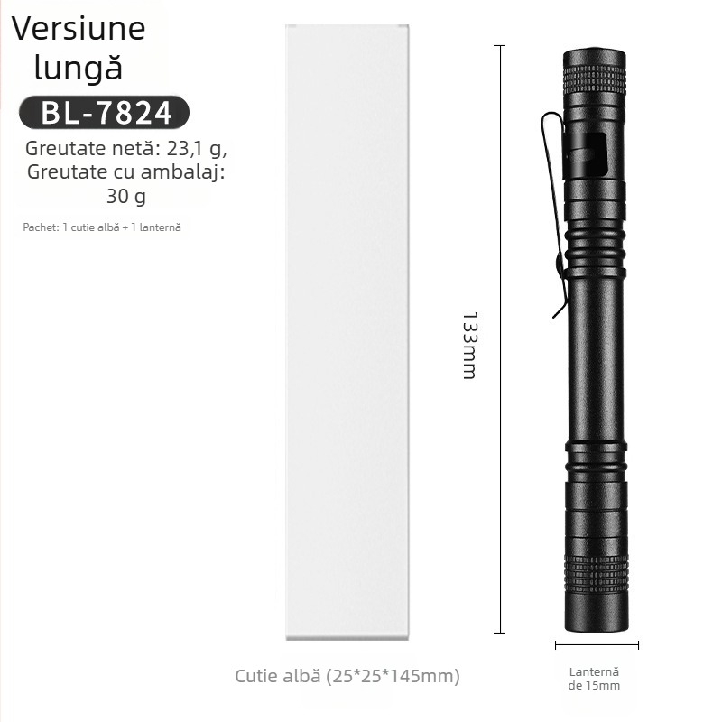 Lanternă de mână portabilă din aliaj de aluminiu, alimentată cu baterie uscată, rază 10–50 m, model BL-7823, greutate 25–30 g