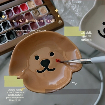 Paletă ceramică pentru artă unghii și ceașcă de spălat pensule, suport de depozitare cu motive drăguțe de câine și ursuleț; greutate netă 74,5 g / 99,2 g; marcă privată licențiată