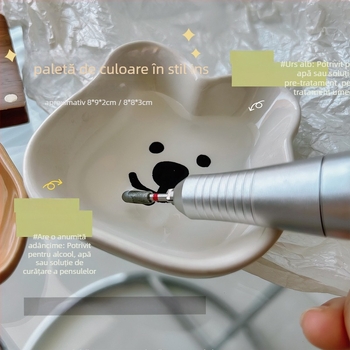 Paletă ceramică pentru artă unghii și ceașcă de spălat pensule, suport de depozitare cu motive drăguțe de câine și ursuleț; greutate netă 74,5 g / 99,2 g; marcă privată licențiată