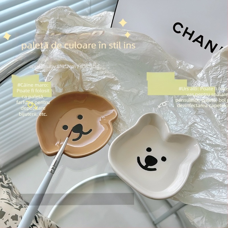 Paletă ceramică pentru artă unghii și ceașcă de spălat pensule, suport de depozitare cu motive drăguțe de câine și ursuleț; greutate netă 74,5 g / 99,2 g; marcă privată licențiată