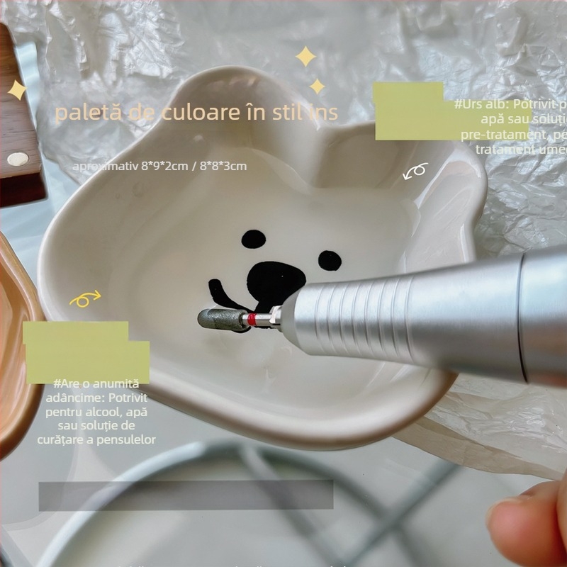 Paletă ceramică pentru artă unghii și ceașcă de spălat pensule, suport de depozitare cu motive drăguțe de câine și ursuleț; greutate netă 74,5 g / 99,2 g; marcă privată licențiată