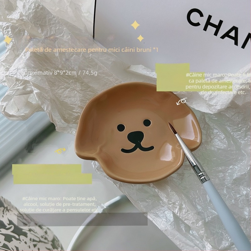 Paletă ceramică pentru artă unghii și ceașcă de spălat pensule, suport de depozitare cu motive drăguțe de câine și ursuleț; greutate netă 74,5 g / 99,2 g; marcă privată licențiată