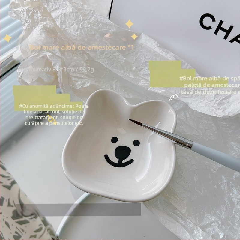 Paletă ceramică pentru artă unghii și ceașcă de spălat pensule, suport de depozitare cu motive drăguțe de câine și ursuleț; greutate netă 74,5 g / 99,2 g; marcă privată licențiată