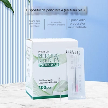 Set de ace de piercing de unică folosință pentru perforarea pielii (urechi, limbă, buze) cu ace acoperite; Brand Tai Mei; Conținut net 150 g; Țara de origine Altul; Producător Henan Taimei