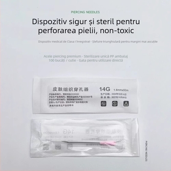 Set de ace de piercing de unică folosință pentru perforarea pielii (urechi, limbă, buze) cu ace acoperite; Brand Tai Mei; Conținut net 150 g; Țara de origine Altul; Producător Henan Taimei