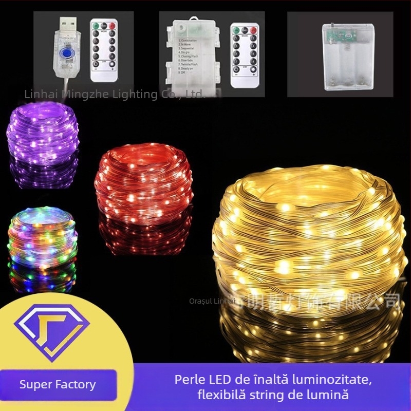 Șir LED cu cablu din piele pentru exterior (20 LED, IP65, alimentare cu baterii, telecomandă, ≤36V)