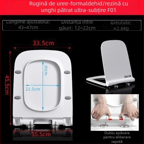 Capac de toaletă pătrat, îngroșat și durabil, cu pernă, distanța găurilor de montaj reglabilă 10–18 mm, material: rășină urea-formaldehidă