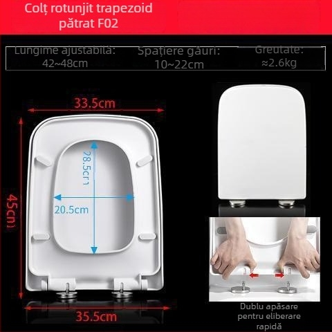 Capac de toaletă pătrat, îngroșat și durabil, cu pernă, distanța găurilor de montaj reglabilă 10–18 mm, material: rășină urea-formaldehidă