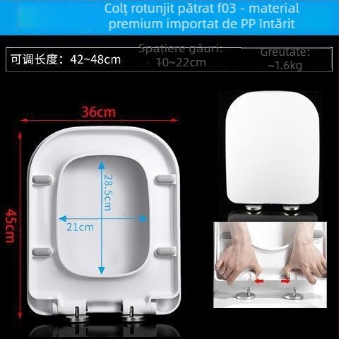 Capac de toaletă pătrat, îngroșat și durabil, cu pernă, distanța găurilor de montaj reglabilă 10–18 mm, material: rășină urea-formaldehidă
