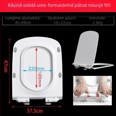 Capac de toaletă pătrat, îngroșat și durabil, cu pernă, distanța găurilor de montaj reglabilă 10–18 mm, material: rășină urea-formaldehidă