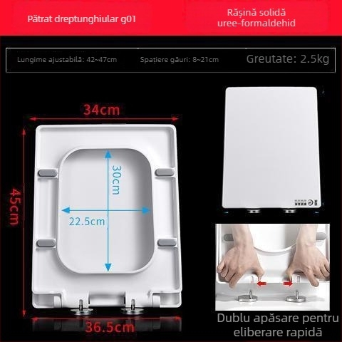 Capac de toaletă pătrat, îngroșat și durabil, cu pernă, distanța găurilor de montaj reglabilă 10–18 mm, material: rășină urea-formaldehidă
