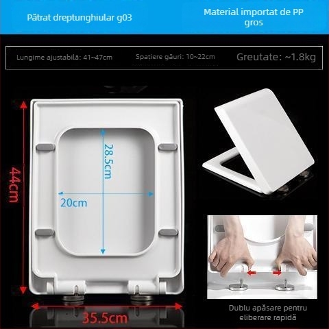 Capac de toaletă pătrat, îngroșat și durabil, cu pernă, distanța găurilor de montaj reglabilă 10–18 mm, material: rășină urea-formaldehidă