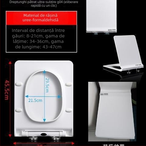 Capac de toaletă pătrat, îngroșat și durabil, cu pernă, distanța găurilor de montaj reglabilă 10–18 mm, material: rășină urea-formaldehidă