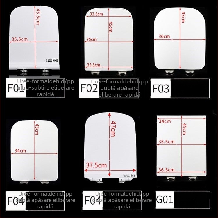 Capac de toaletă pătrat, îngroșat și durabil, cu pernă, distanța găurilor de montaj reglabilă 10–18 mm, material: rășină urea-formaldehidă