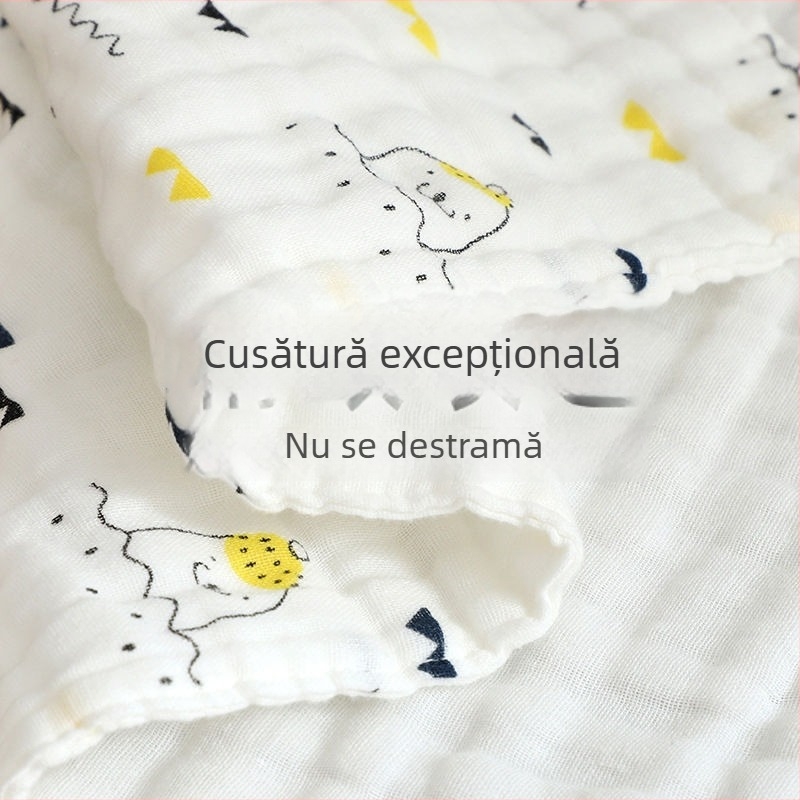 Prosop pătrat din tifon pentru bebeluși, bumbac 40-count, fir răsucit (combed), 25 g, model cu animale și flori