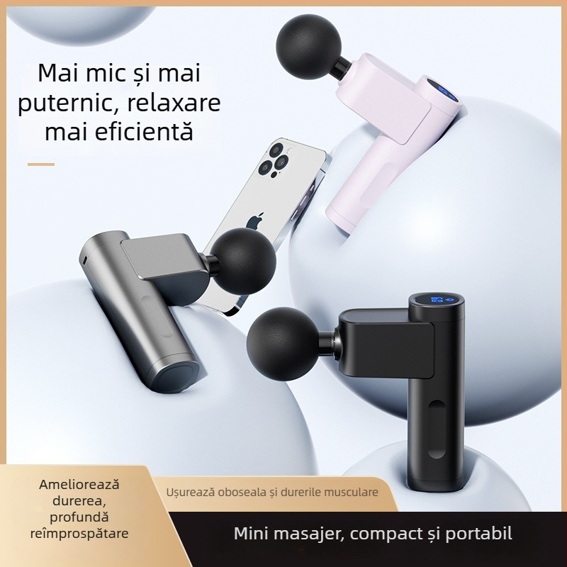 Mini masaj percutant silențios cu LCD – 5+ viteze, 4 capete, baterie internă 1200–2000 mAh, zgomot 36–45 dB