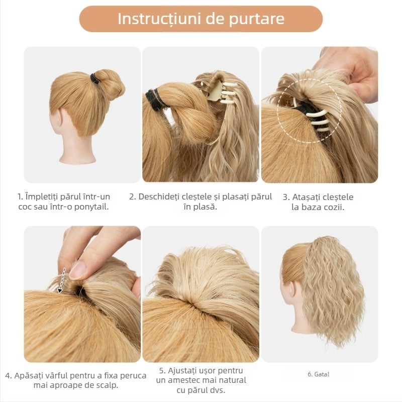 Perucă coadă SARLA — lungă, buclată, fibre rezistente la temperatură, cu clips de prindere, model P064