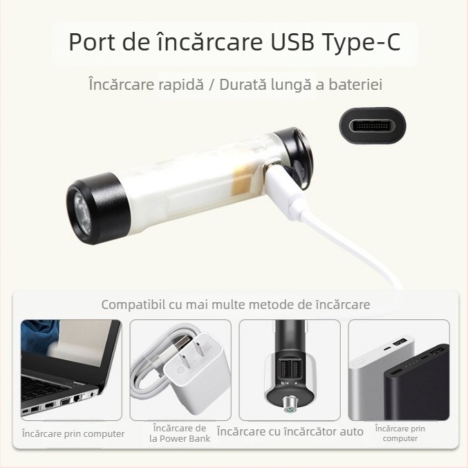 Lumină de buzunar multifuncțională cu clips pentru chei, corp din aliaj de aluminiu, alimentare manuală, baterie 220mAh, LED, 10W, rază până la 50 m, autonomie 3 h
