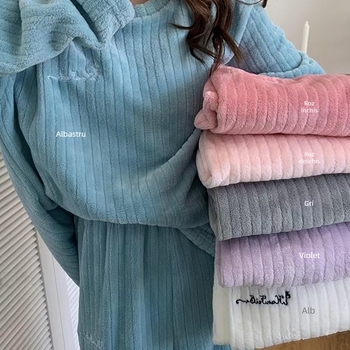 Set de pijamale din fleece coral pentru femei, în dungi, gros pentru iarnă, guler rotund, mâneci lungi