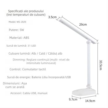 Lampă de birou LED pliabilă cu încărcare USB și alimentare prin priză, control tactil, reglaj reglabil al temperaturii culorii, baterie încorporată