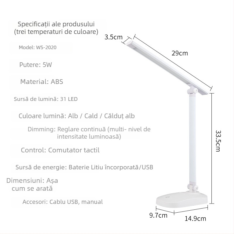 Lampă de birou LED pliabilă cu încărcare USB și alimentare prin priză, control tactil, reglaj reglabil al temperaturii culorii, baterie încorporată