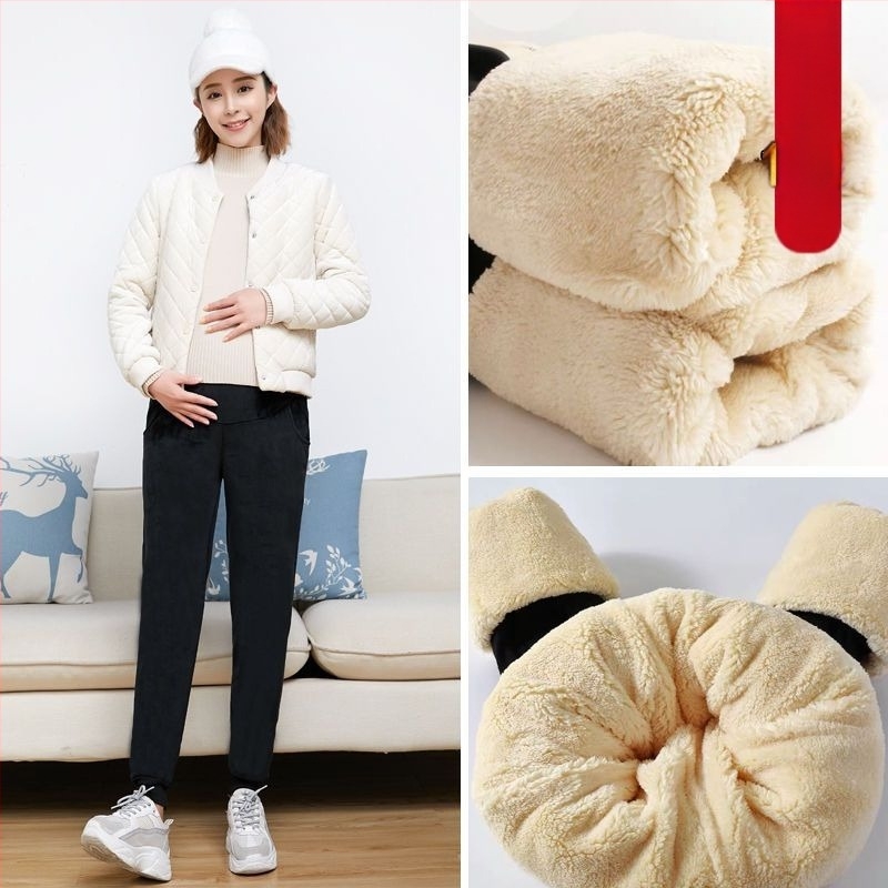 Pantaloni de maternitate cu fleece interior, grosi și calzi pentru iarnă, susținere pentru burtă, catifea, poliester 95%+