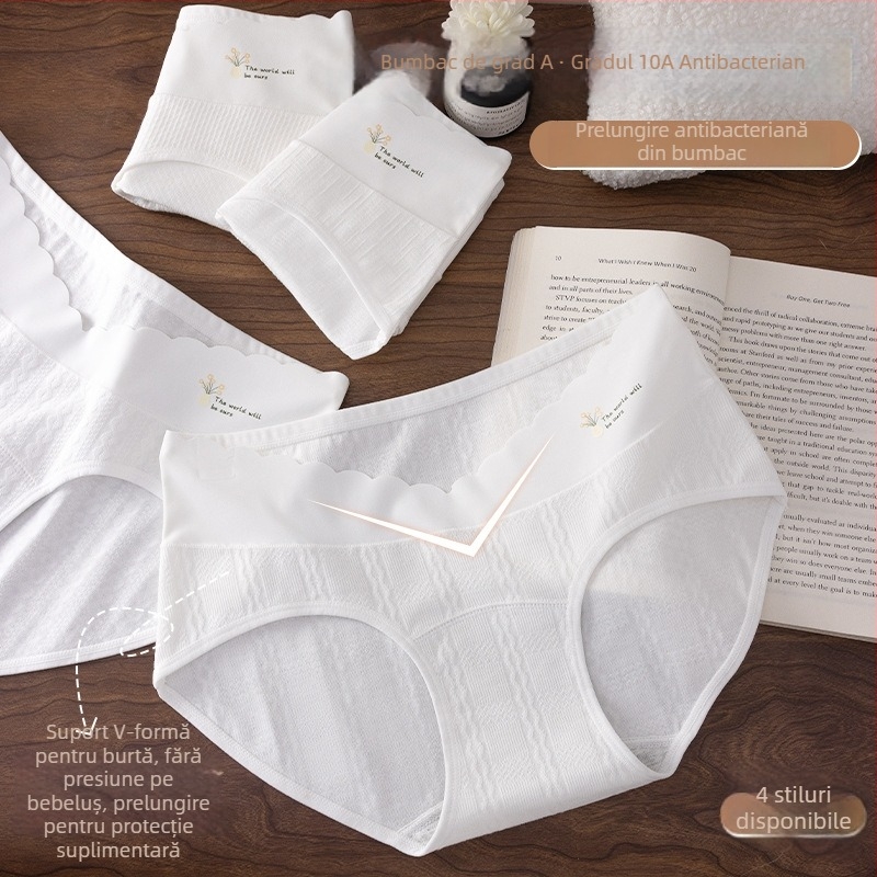 Chiloți de maternitate cu talie joasă, susținere a burții; respirabil, antibacterian; material principal 95–100% bumbac; căptușeală 100% bumbac.