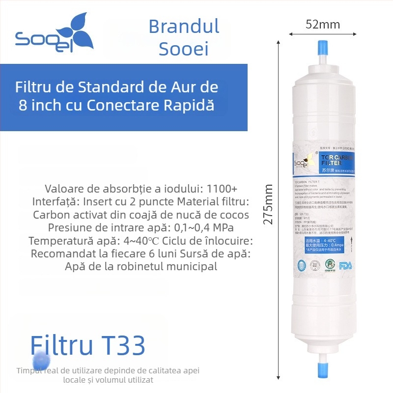 Element filtrare Sauer Small T33 pentru purificatorul de apă, cărbune activ din coajă de nucă de cocos, cartuș de 8 inch, elimină sedimentul și îmbunătățește gustul