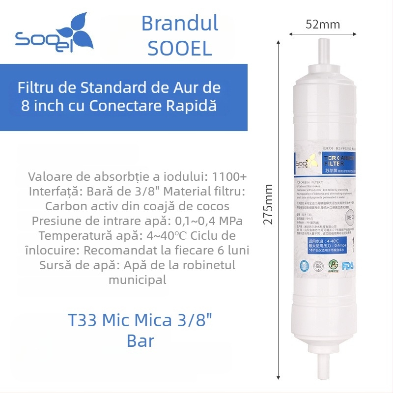 Element filtrare Sauer Small T33 pentru purificatorul de apă, cărbune activ din coajă de nucă de cocos, cartuș de 8 inch, elimină sedimentul și îmbunătățește gustul
