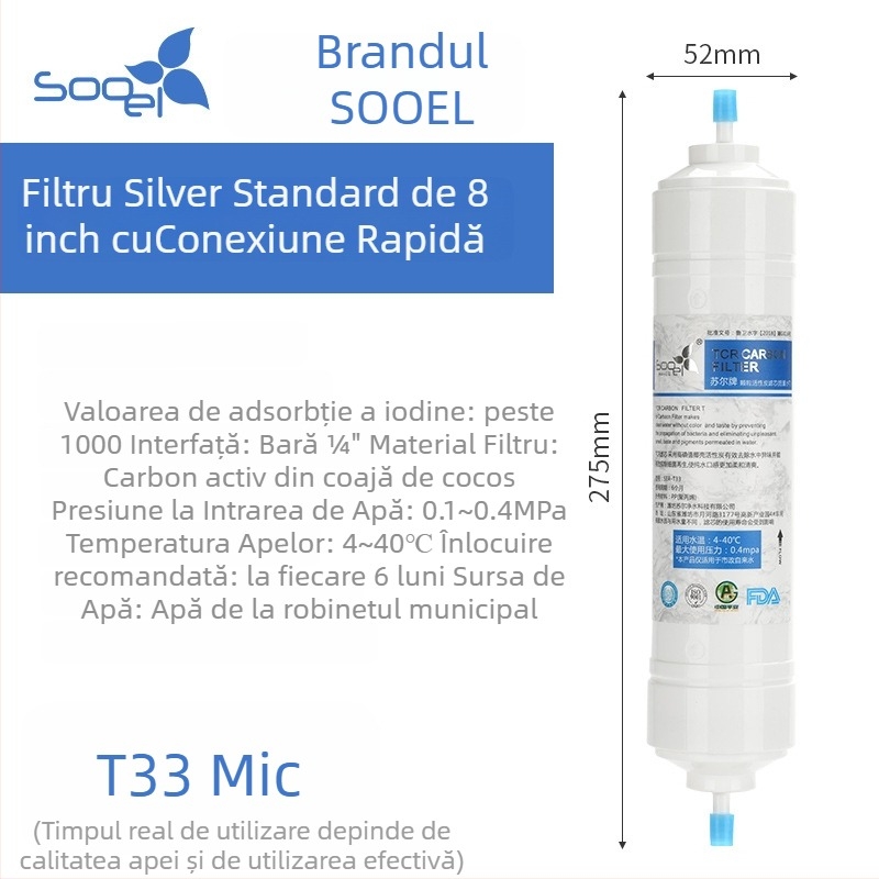 Element filtrare Sauer Small T33 pentru purificatorul de apă, cărbune activ din coajă de nucă de cocos, cartuș de 8 inch, elimină sedimentul și îmbunătățește gustul
