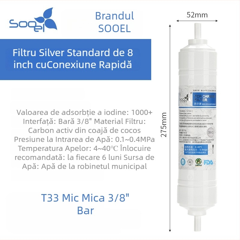 Element filtrare Sauer Small T33 pentru purificatorul de apă, cărbune activ din coajă de nucă de cocos, cartuș de 8 inch, elimină sedimentul și îmbunătățește gustul