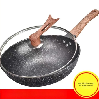 Onijia Wok din piatră Maifan - antiaderent, fără ulei, fund plat, compatibil cu plitele cu inducție, capac din sticlă