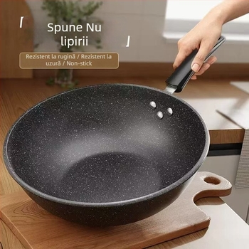 Onijia Wok din piatră Maifan - antiaderent, fără ulei, fund plat, compatibil cu plitele cu inducție, capac din sticlă