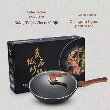 Onijia Wok din piatră Maifan - antiaderent, fără ulei, fund plat, compatibil cu plitele cu inducție, capac din sticlă