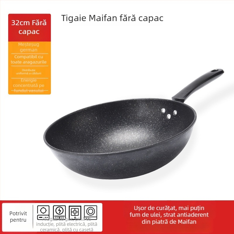 Onijia Wok din piatră Maifan - antiaderent, fără ulei, fund plat, compatibil cu plitele cu inducție, capac din sticlă