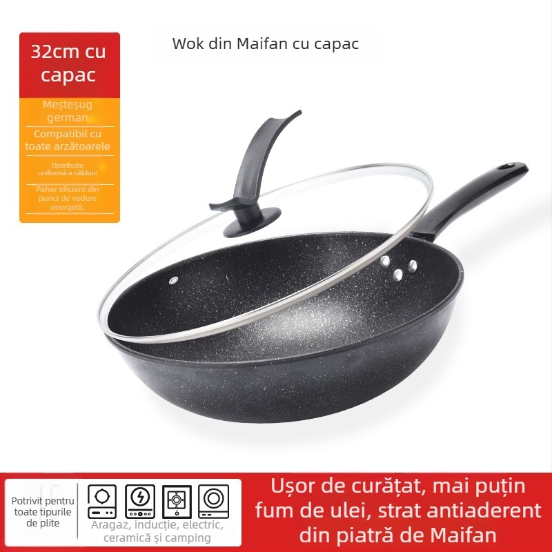 Onijia Wok din piatră Maifan - antiaderent, fără ulei, fund plat, compatibil cu plitele cu inducție, capac din sticlă