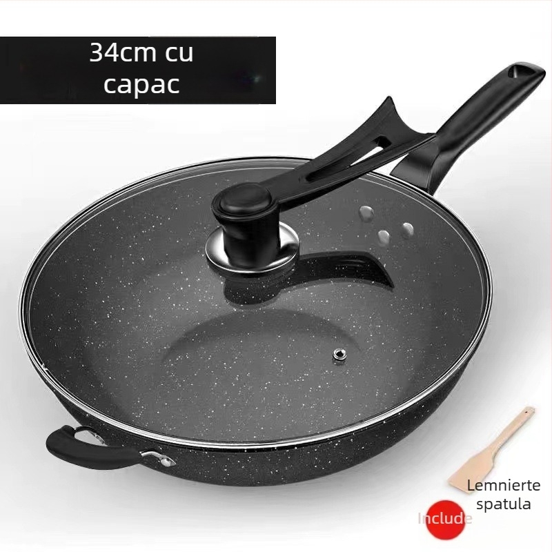 Onijia Wok din piatră Maifan - antiaderent, fără ulei, fund plat, compatibil cu plitele cu inducție, capac din sticlă