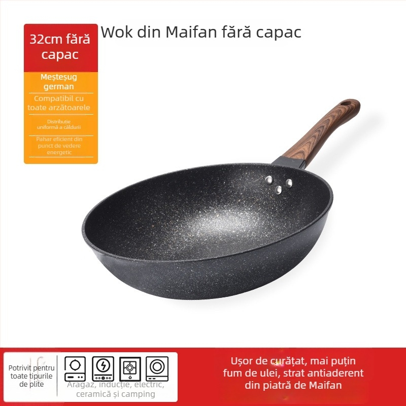 Onijia Wok din piatră Maifan - antiaderent, fără ulei, fund plat, compatibil cu plitele cu inducție, capac din sticlă