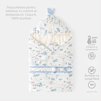 Pătură de înfășat pentru nou-născuți — bumbac 100%, umplutură poliester, pentru nou-născuți (0–12 luni), potrivită pentru primăvară, toamnă și iarnă, cu modele animale/desene animate