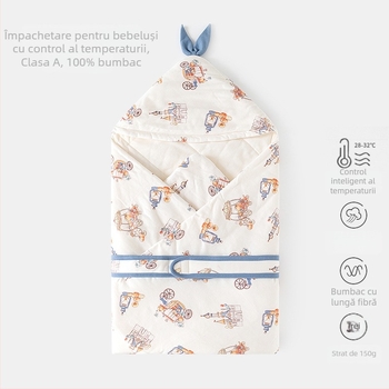 Pătură de înfășat pentru nou-născuți — bumbac 100%, umplutură poliester, pentru nou-născuți (0–12 luni), potrivită pentru primăvară, toamnă și iarnă, cu modele animale/desene animate