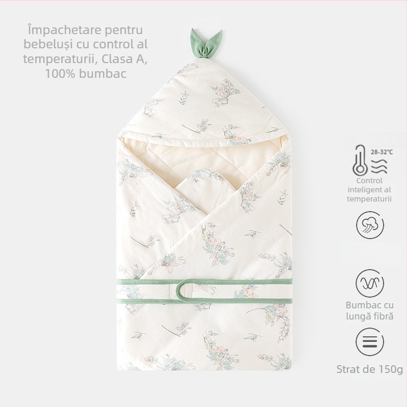 Pătură de înfășat pentru nou-născuți — bumbac 100%, umplutură poliester, pentru nou-născuți (0–12 luni), potrivită pentru primăvară, toamnă și iarnă, cu modele animale/desene animate