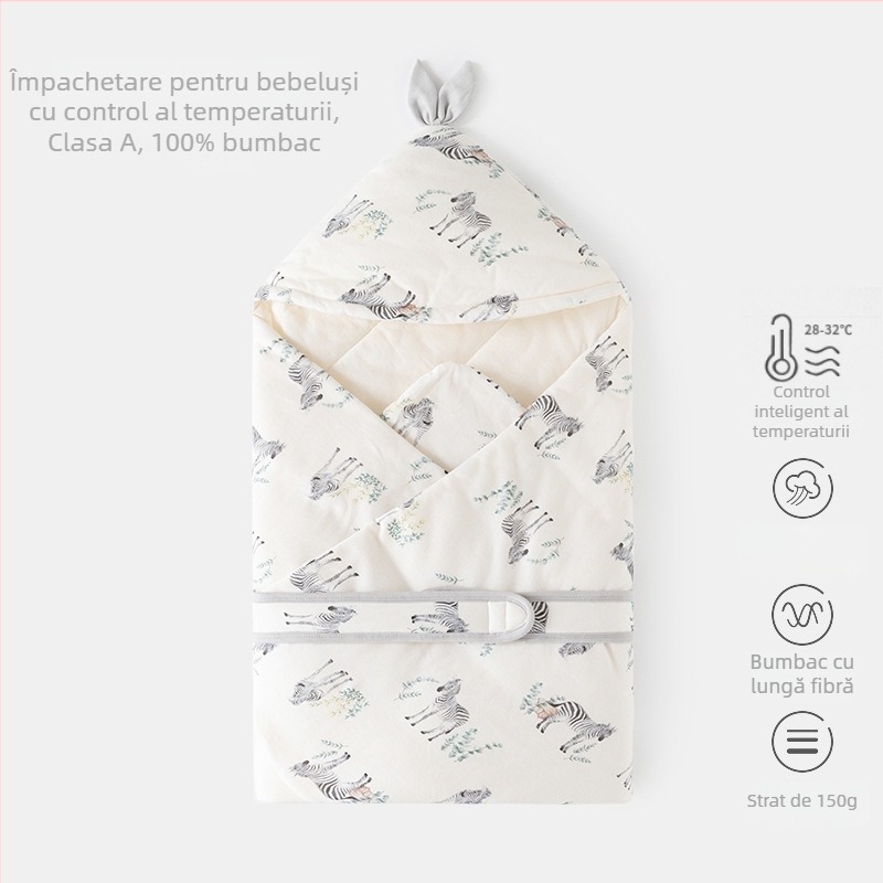 Pătură de înfășat pentru nou-născuți — bumbac 100%, umplutură poliester, pentru nou-născuți (0–12 luni), potrivită pentru primăvară, toamnă și iarnă, cu modele animale/desene animate
