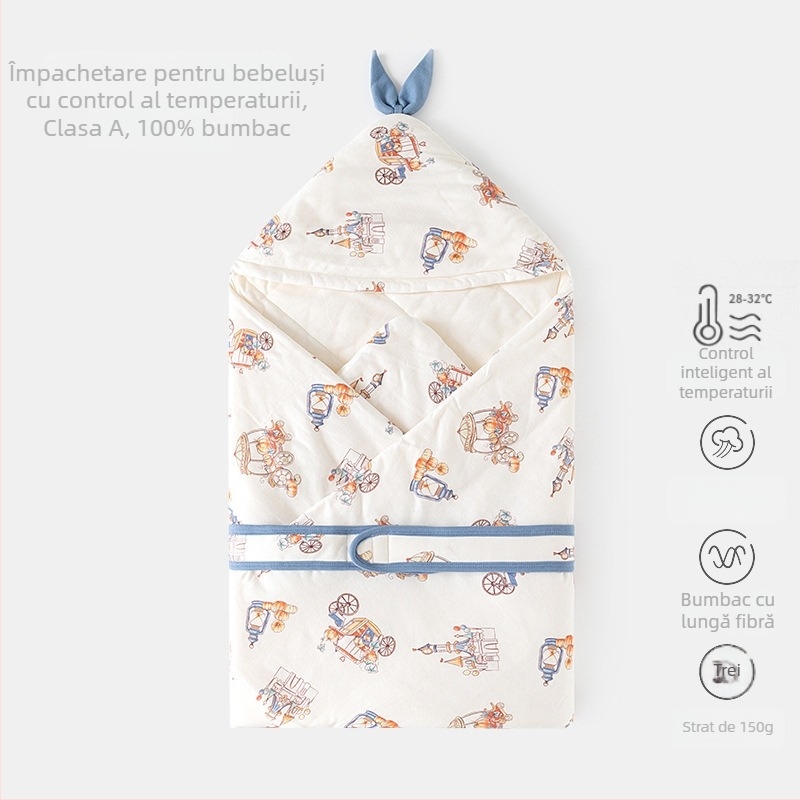 Pătură de înfășat pentru nou-născuți — bumbac 100%, umplutură poliester, pentru nou-născuți (0–12 luni), potrivită pentru primăvară, toamnă și iarnă, cu modele animale/desene animate