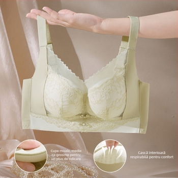 Sutien din nylon, cupe 3/4, bretele fixe duble, închidere la spate cu patru rânduri de cârlige, strânge, ridică, susține lateral, respirabil.