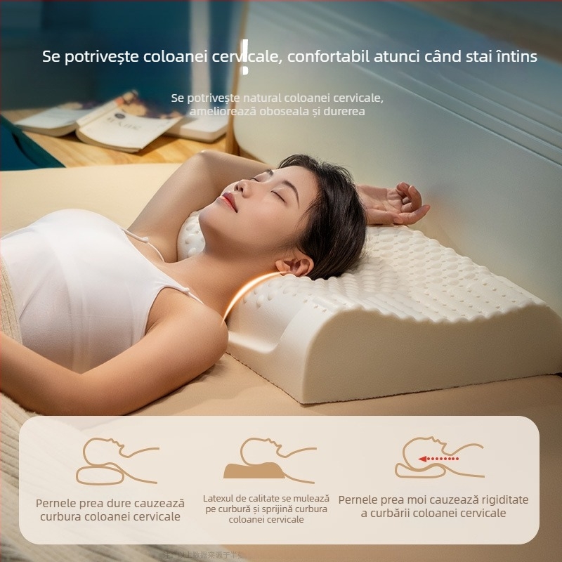 Pernă cervicală din latex natural, formă ondulată, conținut latex ≥90%, husă poliester, marcă Half dark moon